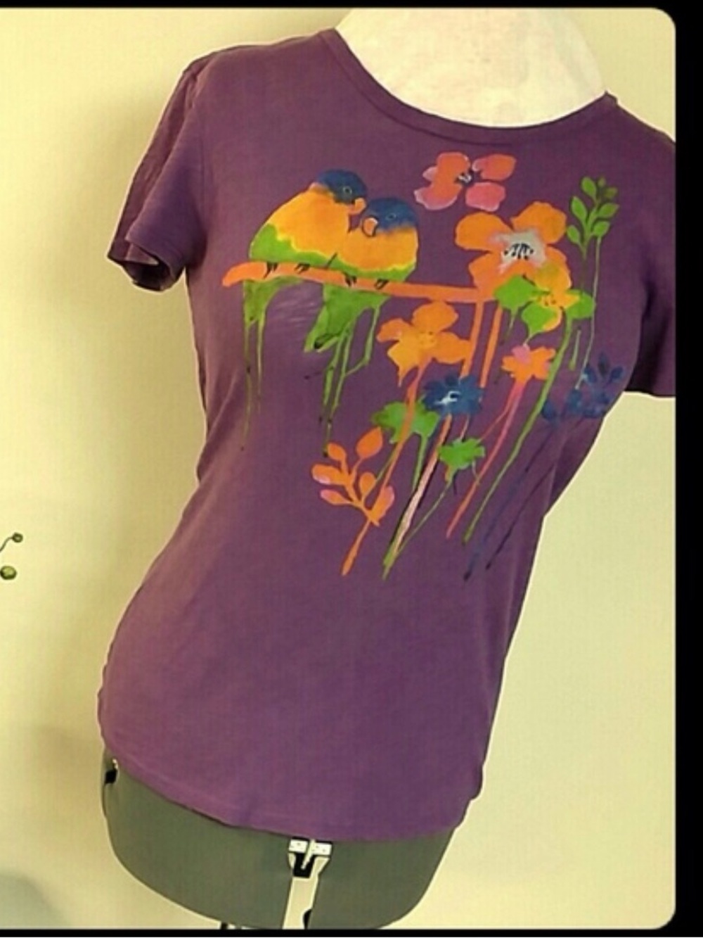 Old Navy Purple Tee with Colorful Floral & Bird Print - Picture 2 of 5